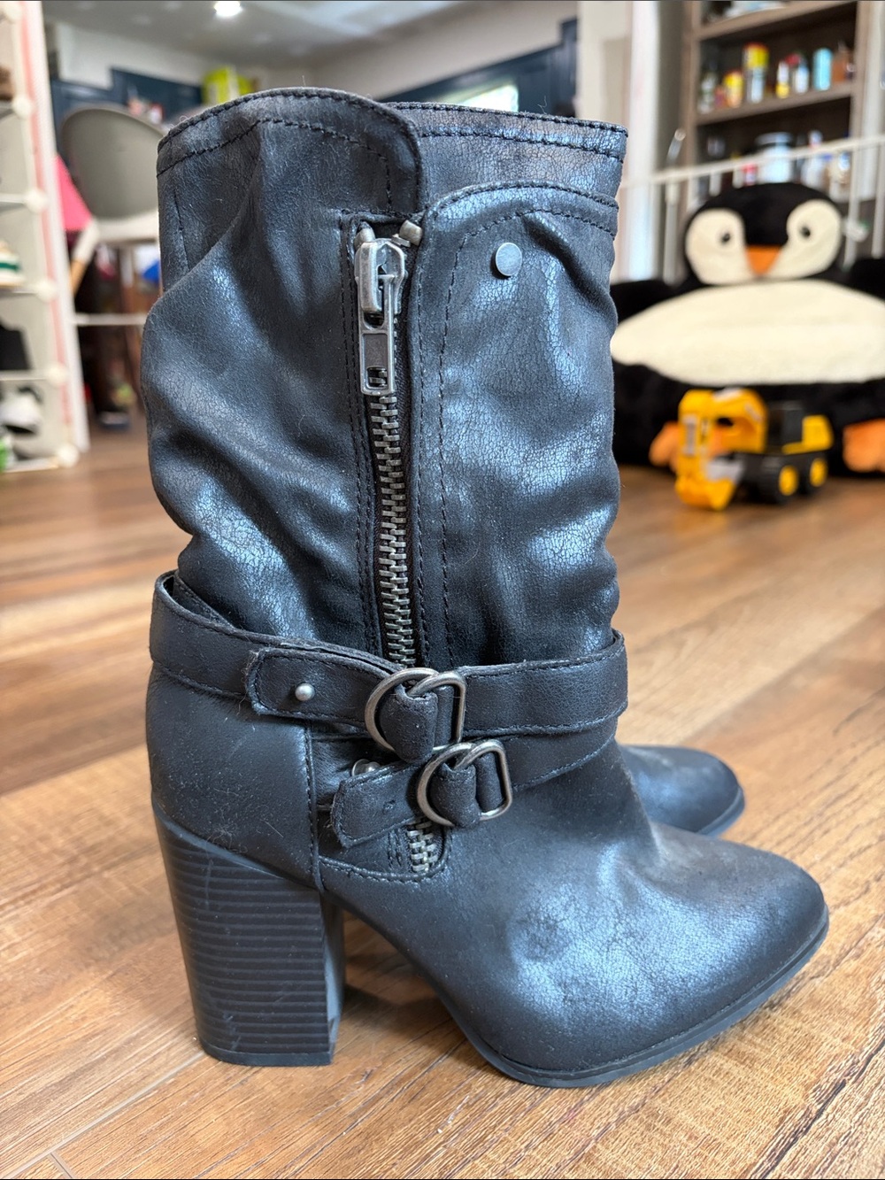 Carlos Santana Black Mid-Calf Buckle-Heel Boots
